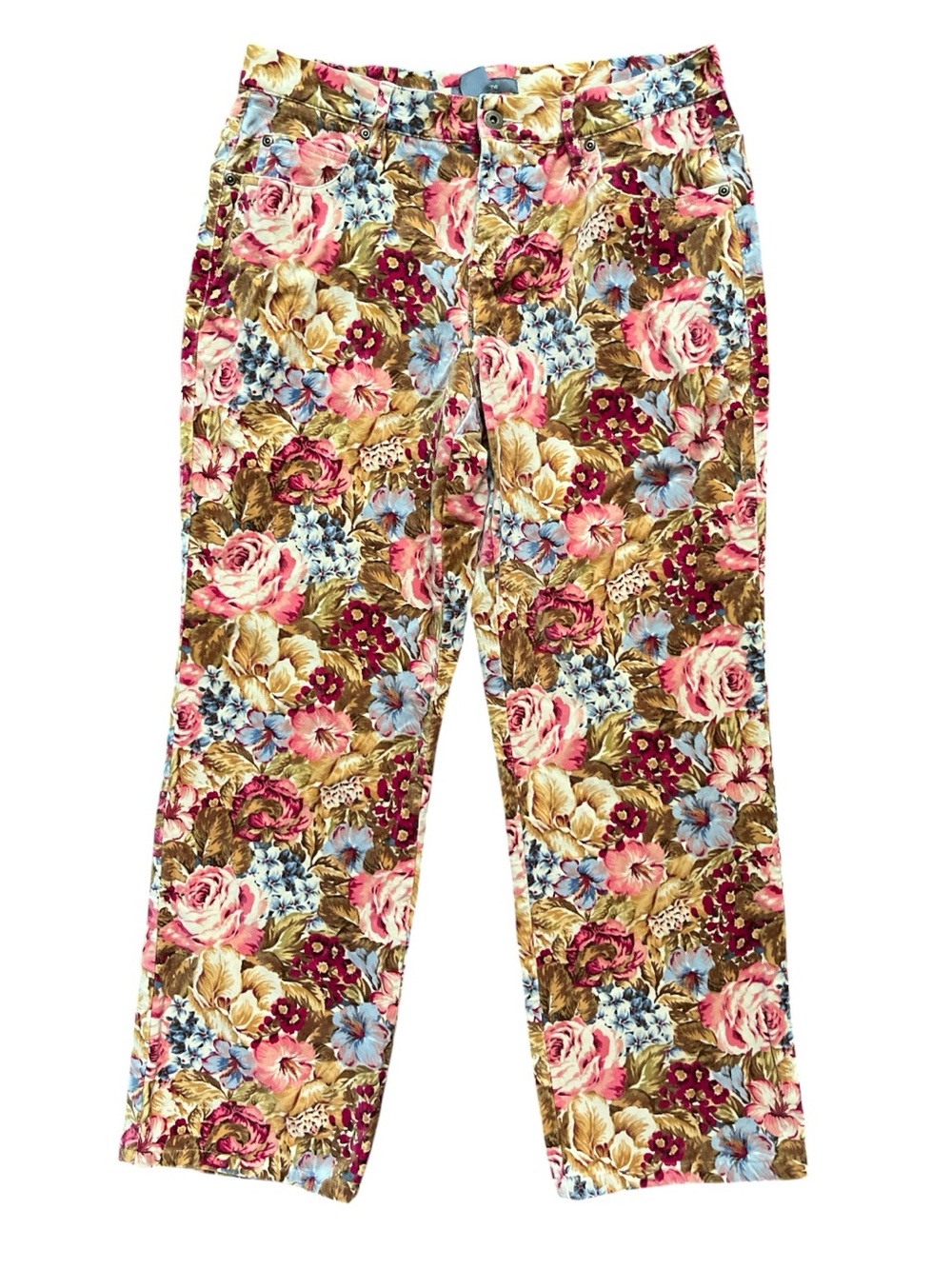 Vintage Floral Velvet Pants High Rise Straight Leg Size 10 Colorful Neutral